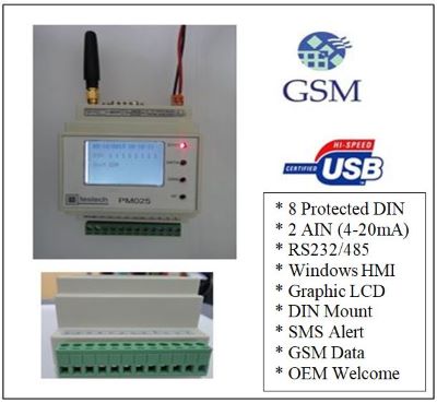 PM025 GSM IP RTU Digital Input Analog 4-20mA RS232 RS485 DIN mount OEM Customise